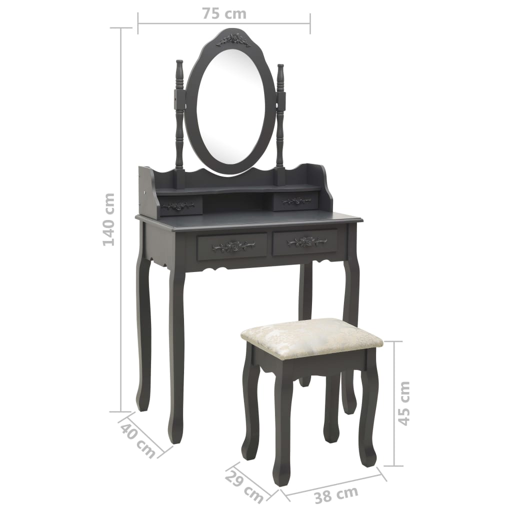 vidaXL Toaletka ze stołkiem, szara, 75x69x140 cm, drewno paulowni