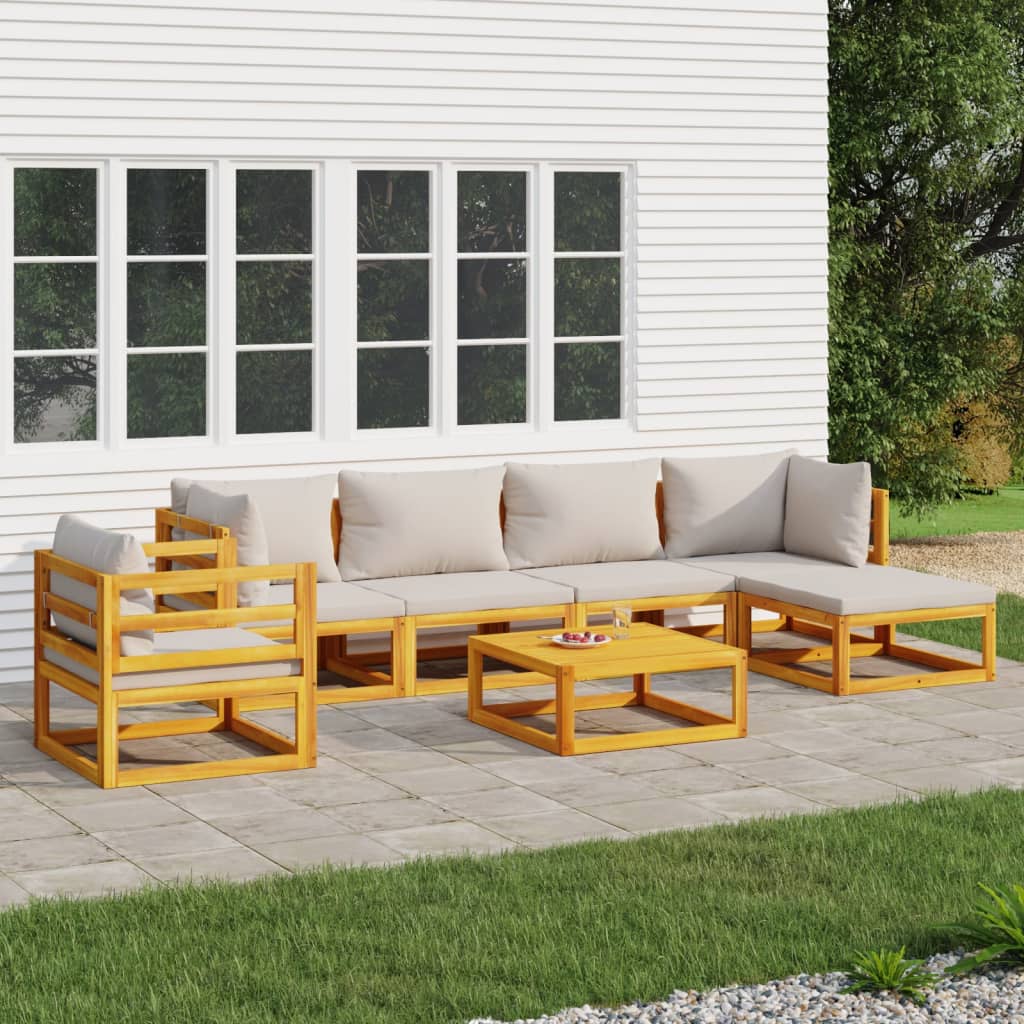 vidaXL 7-cz. ogrodowy zestaw wypoczynkowy, jasnoszare poduszki, drewno