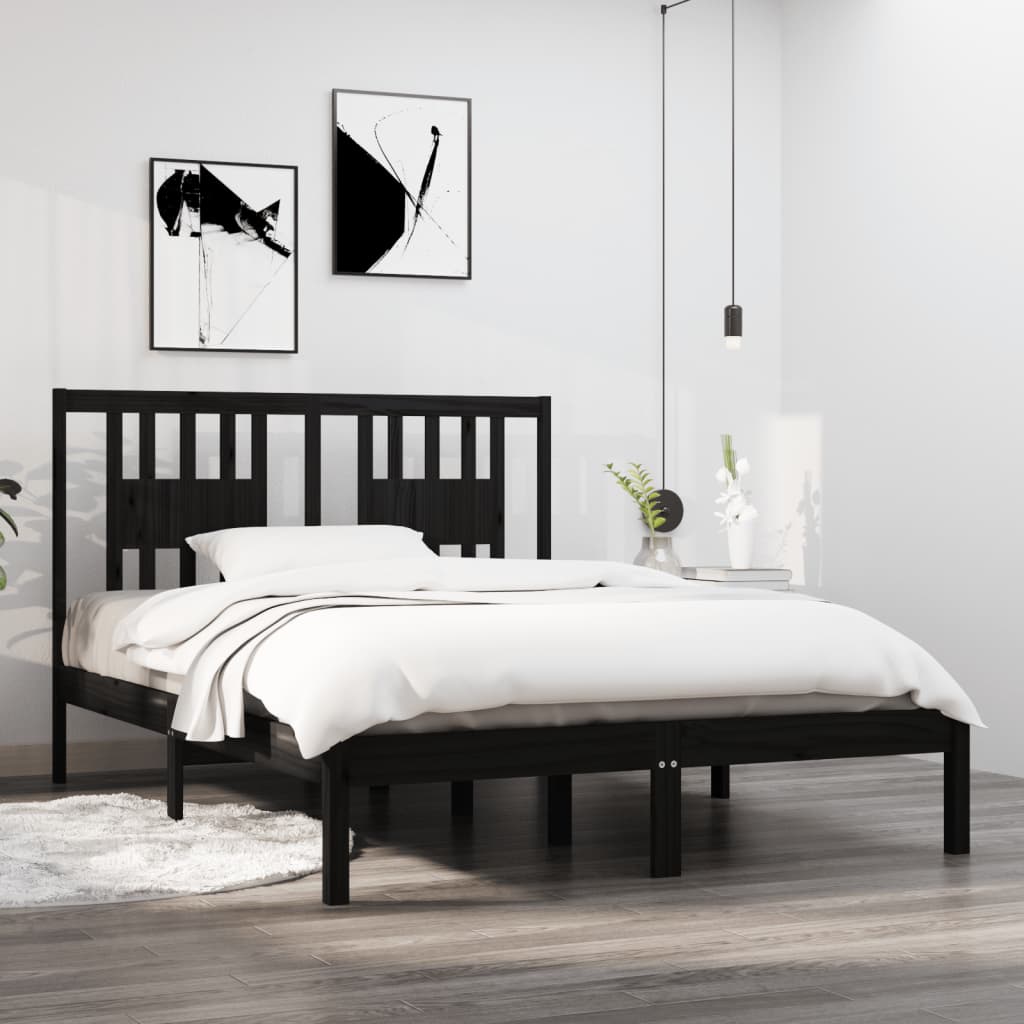 vidaXL Rama łóżka, czarna, lite drewno, 135x190 cm, podwójna