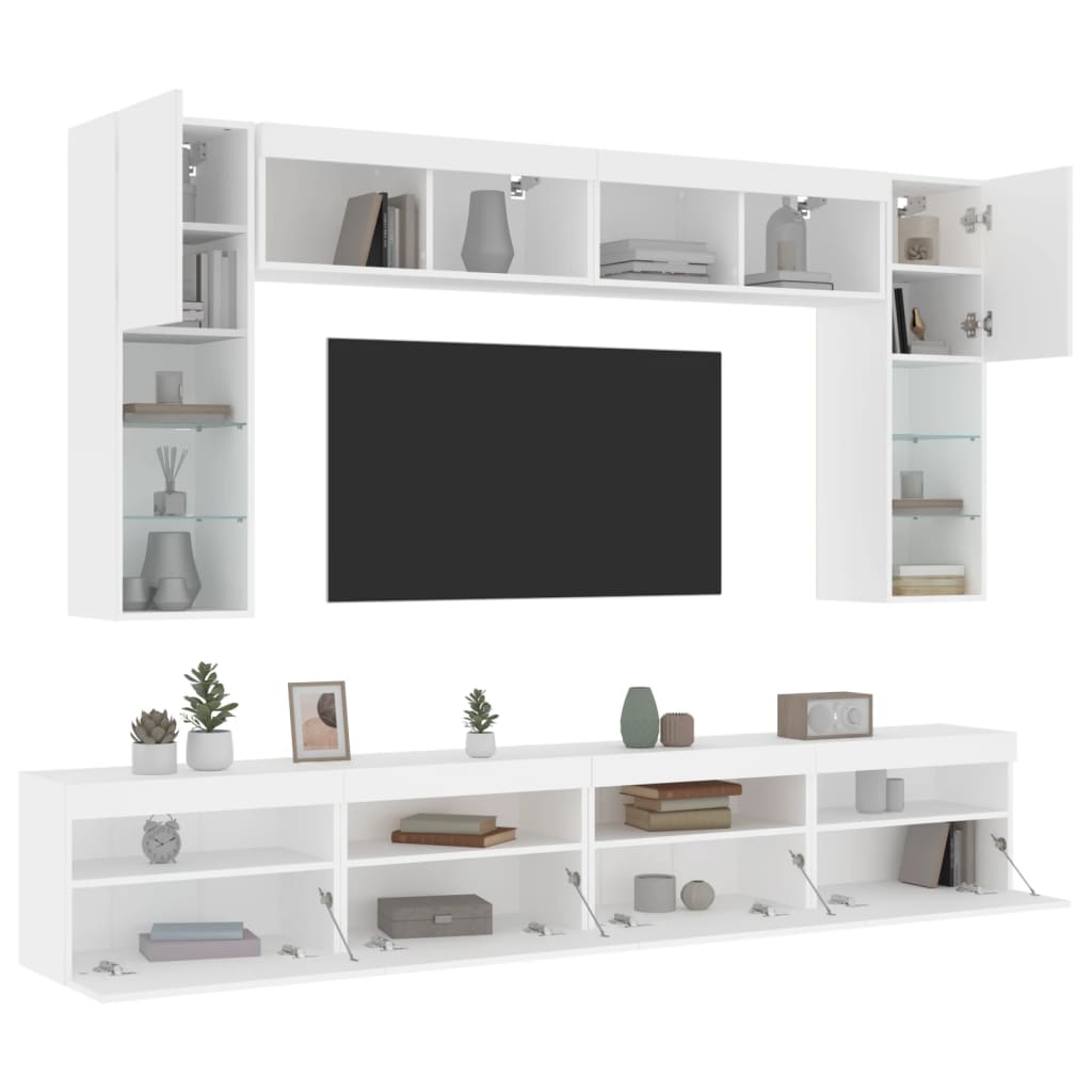 vidaXL 8-cz. zestaw ściennych szafek TV z oświetleniem LED, biały
