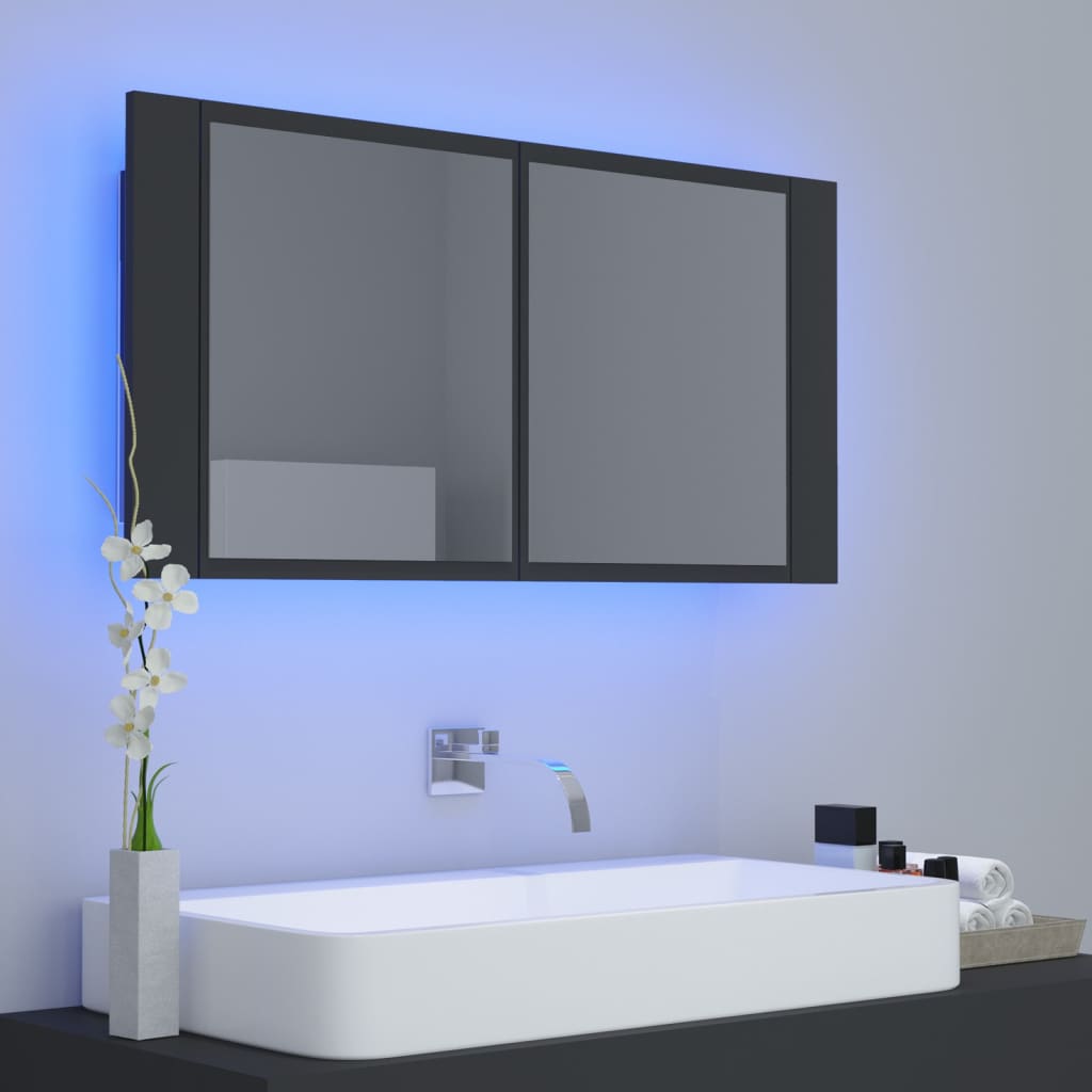 vidaXL Szafka łazienkowa z lustrem i LED, szara, 90x12x45 cm, akryl