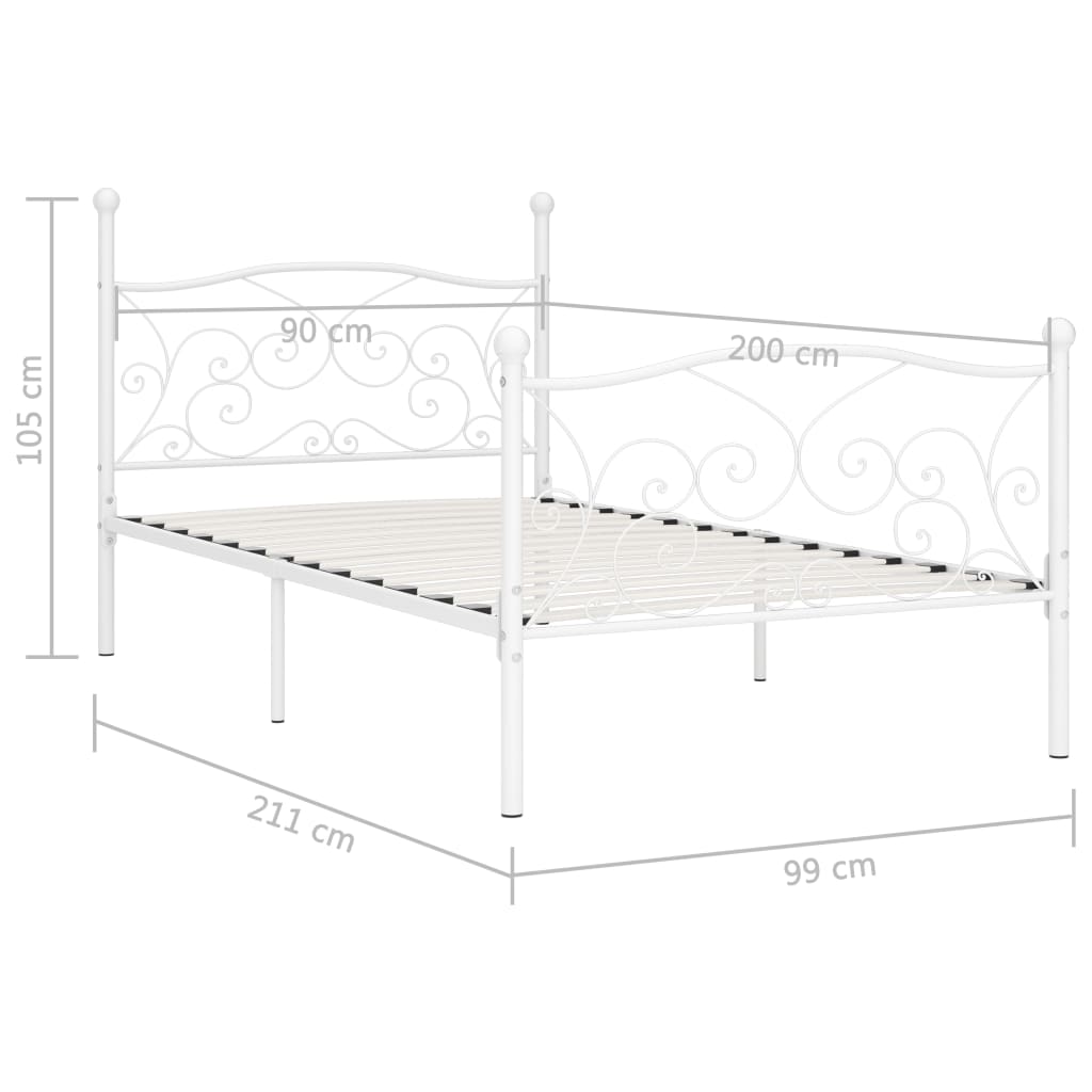 vidaXL Rama łóżka ze stelażem z listw, biała, metalowa, 90 x 200 cm