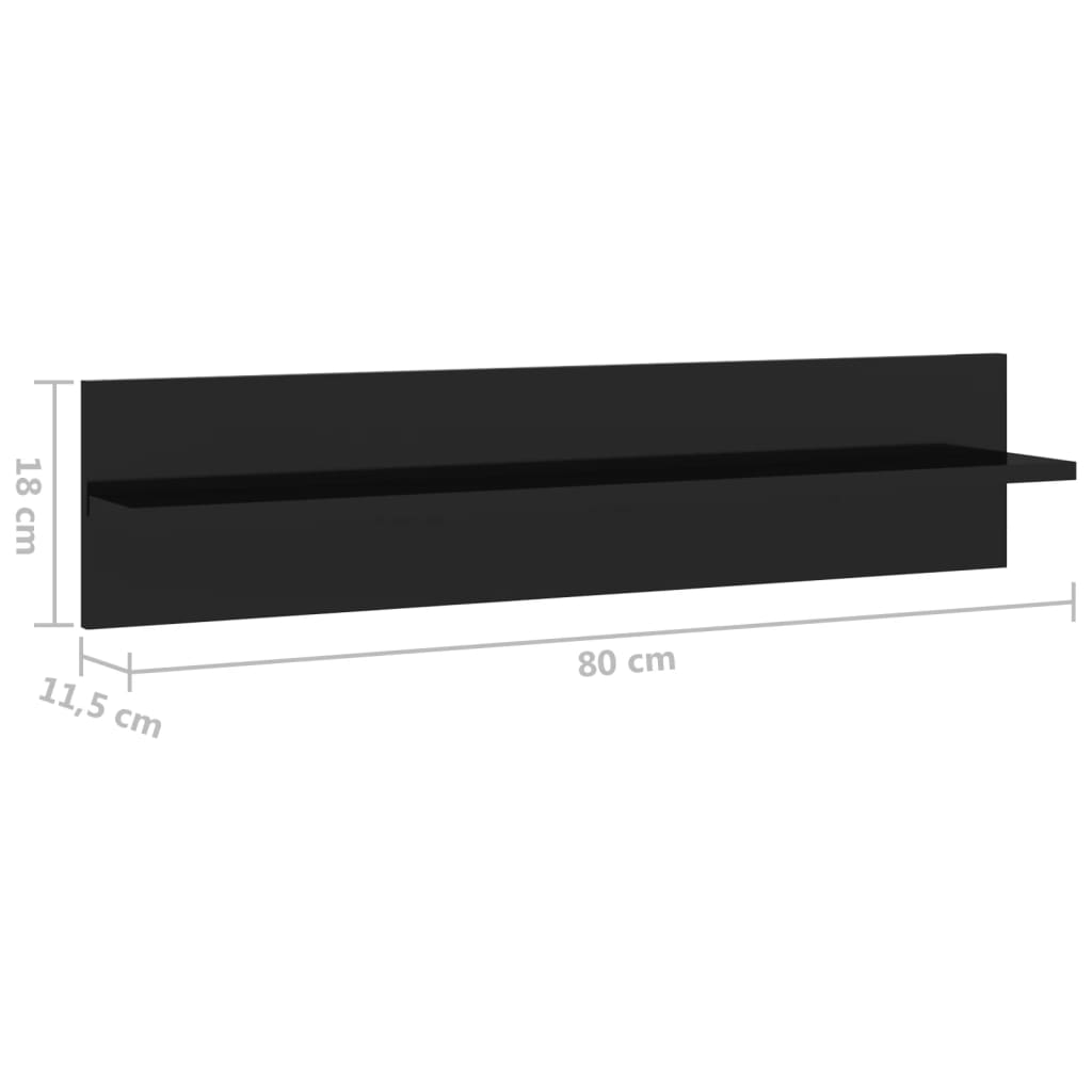 vidaXL Półki ścienne, 2 szt., wysoki połysk, czarne, 80 x 11,5 x 18 cm