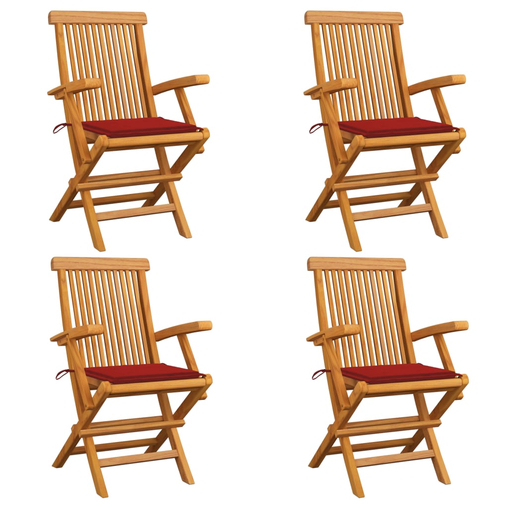 vidaXL Krzesła ogrodowe z czerwonymi poduszkami, 4 szt., drewno tekowe