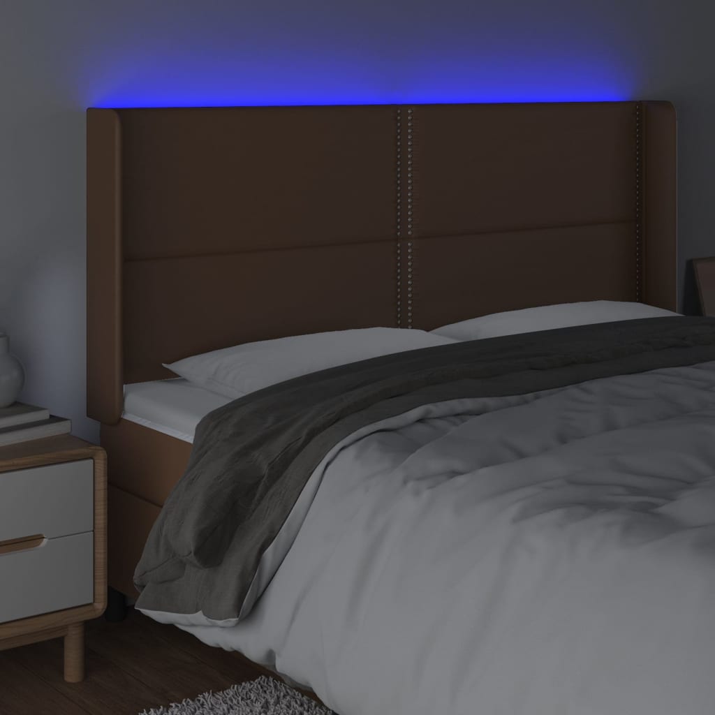 vidaXL Zagłówek do łóżka z LED brązowy 183x16x118/128cm sztuczna skóra