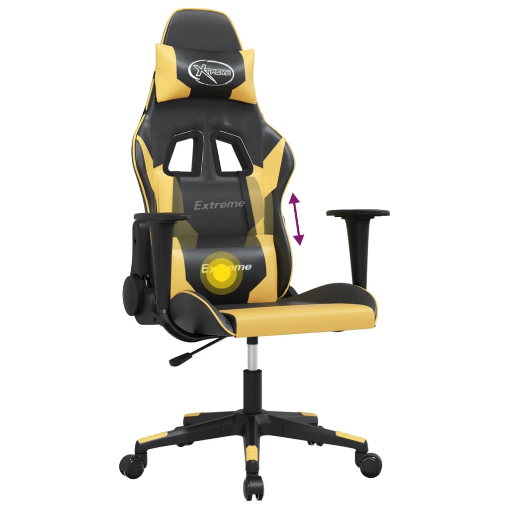 vidaXL Masujący fotel gamingowy, czarno-złoty, sztuczna skóra