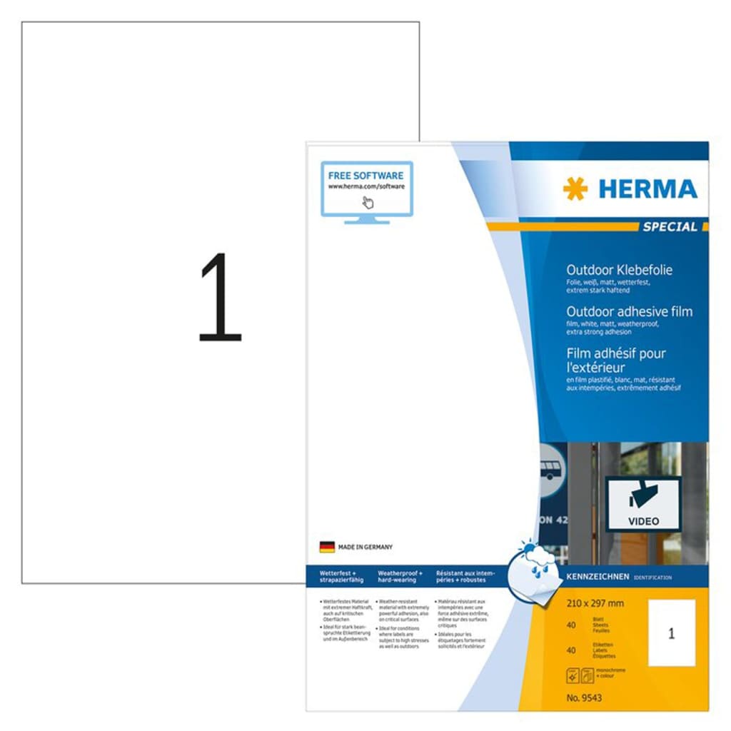 HERMA Etykiety foliowe, zewnętrzne, 210x297 mm, 40 arkuszy A4, białe