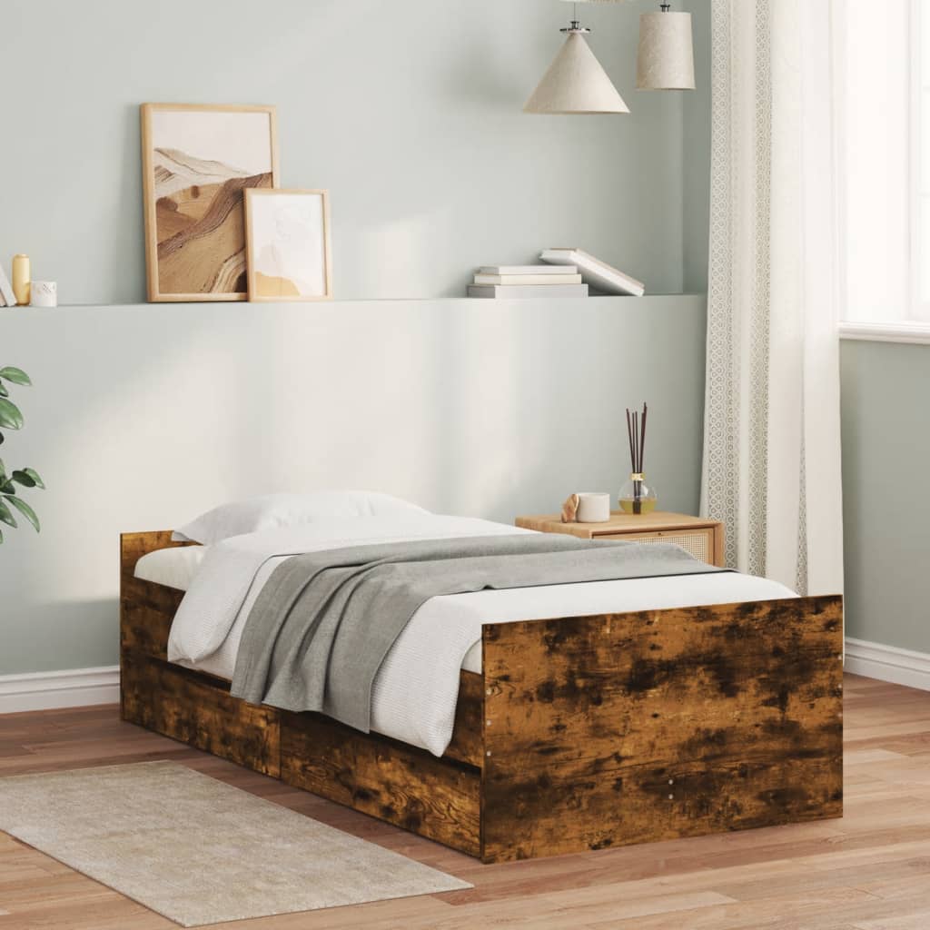 vidaXL Rama łóżka z szufladami, przydymiony dąb, 75x190 cm