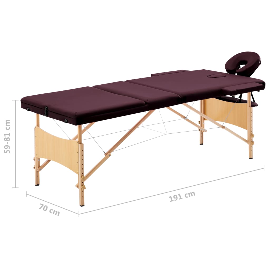 vidaXL Składany stół do masażu, 3-strefowy, drewniany, winny fiolet