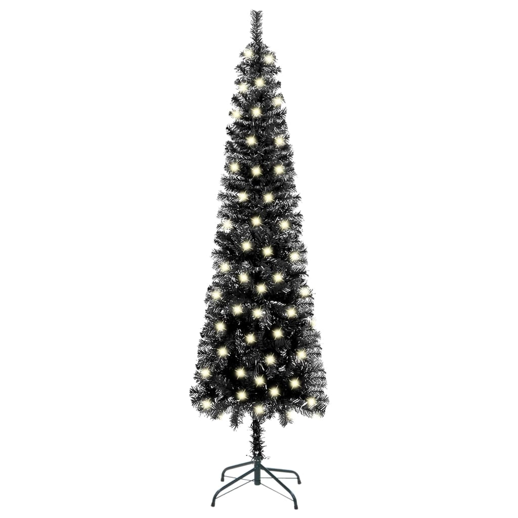 vidaXL Smukła, sztuczna choinka z lampkami, czarna, 120 cm