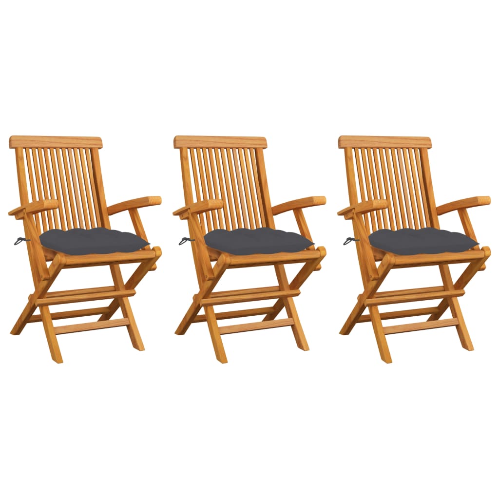 vidaXL Krzesła ogrodowe, antracytowe poduszki, 3 szt., drewno tekowe