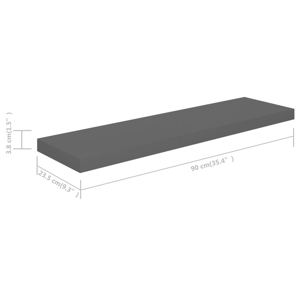 vidaXL Półka ścienna, wysoki połysk, szare, 90x23,5x3,8 cm, MDF
