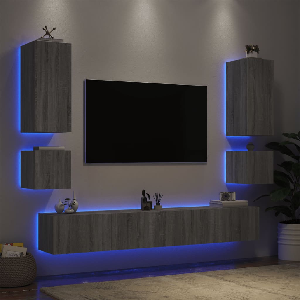 vidaXL 6-cz. zestaw mebli TV z oświetleniem LED, szary dąb sonoma