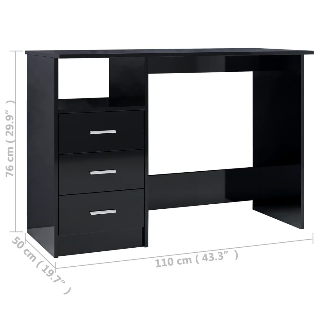 vidaXL Biurko z szufladami, wysoki połysk, czarne, 110x50x76 cm