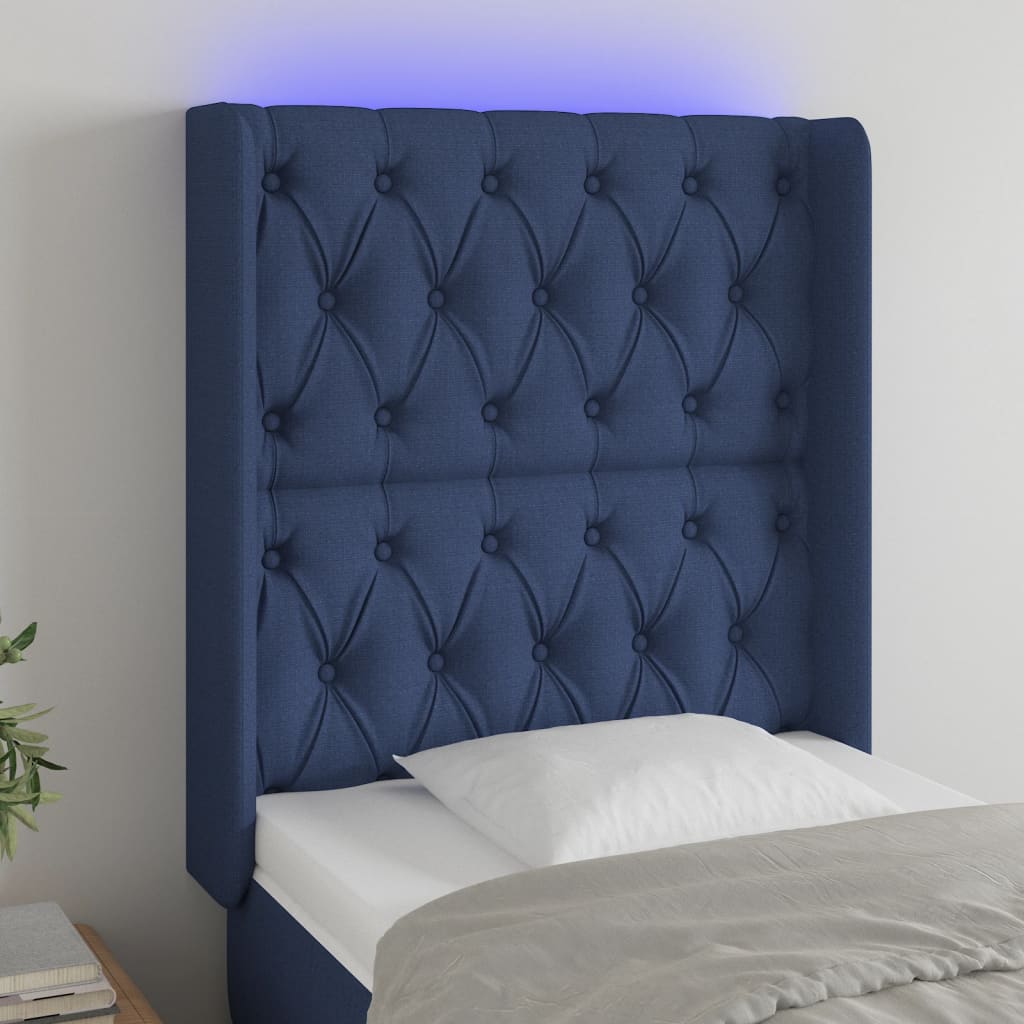 vidaXL Zagłówek do łóżka z LED, niebieski, 83x16x118/128 cm, tkanina