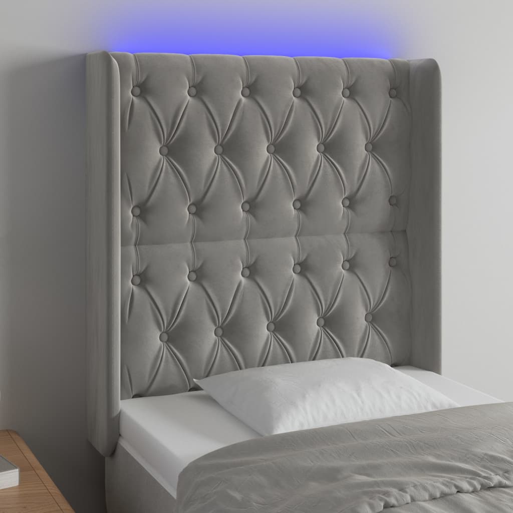 vidaXL Zagłówek do łóżka z LED, jasnoszary, 83x16x118/128 cm, aksamit