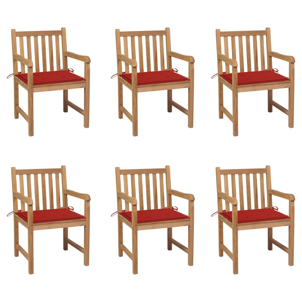 vidaXL Krzesła ogrodowe, czerwone poduszki, 6 szt., lite drewno tekowe