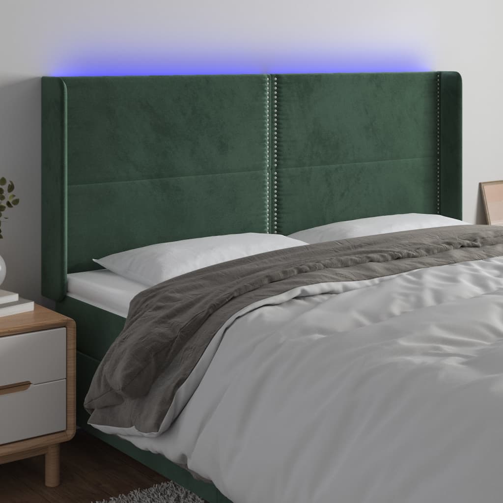 vidaXL Zagłówek do łóżka z LED, ciemnozielony 203x16x118/128cm aksamit