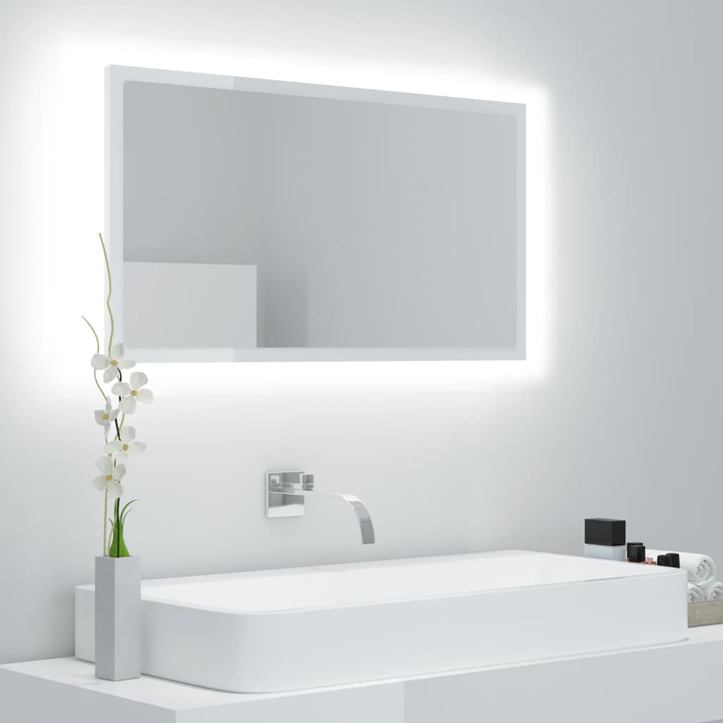 vidaXL Lustro łazienkowe LED, wysoki połysk, białe, 80x8,5x37cm, akryl