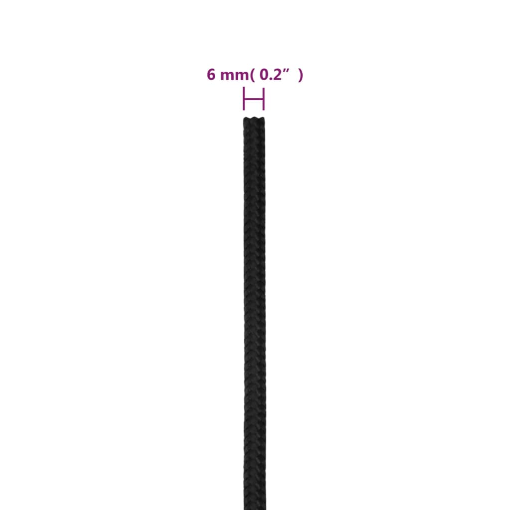 vidaXL Linka żeglarska, czarna jednolita, 6 mm, 250 m, polipropylen