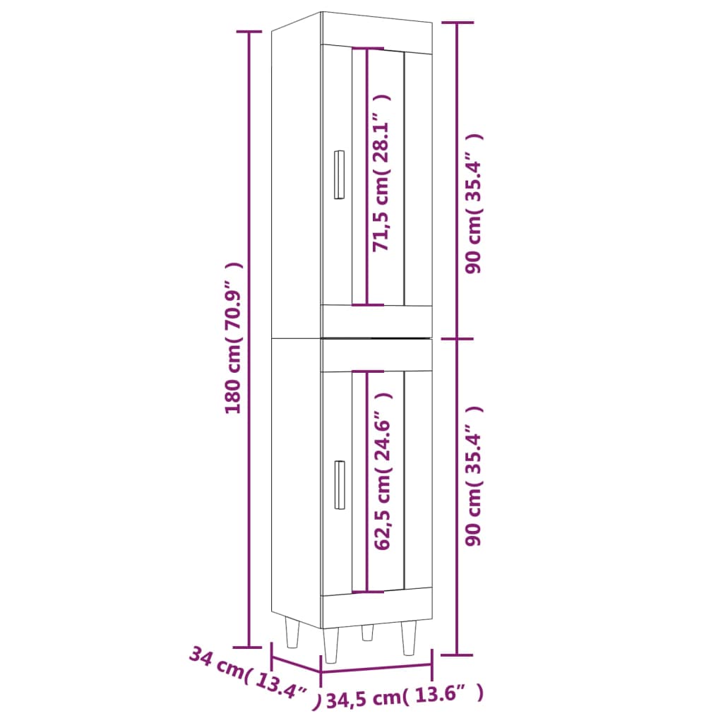 vidaXL Wysoka szafka, przydymiony dąb, 34,5x34x180 cm