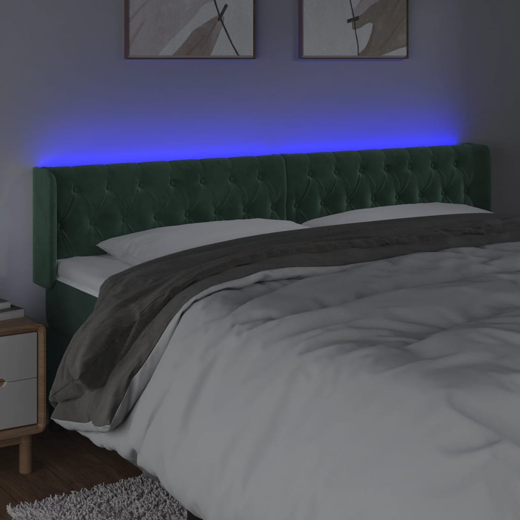 vidaXL Zagłówek do łóżka z LED, ciemnozielony, 203x16x78/88cm, aksamit