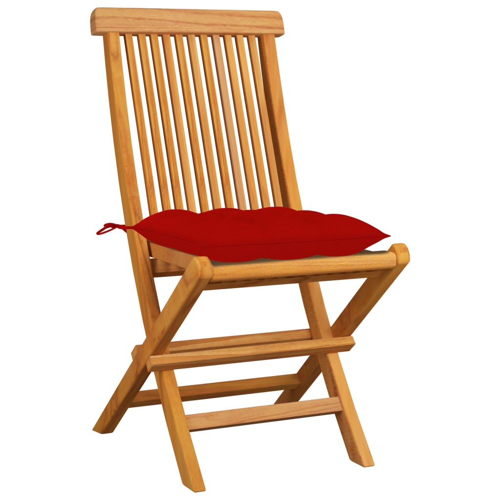vidaXL Krzesła ogrodowe, czerwone poduszki, 4 szt., lite drewno tekowe