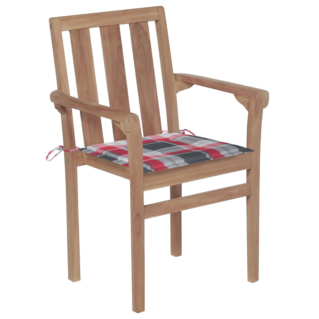 vidaXL Krzesła ogrodowe, 2 szt., z poduszkami w czerwoną kratę, tekowe