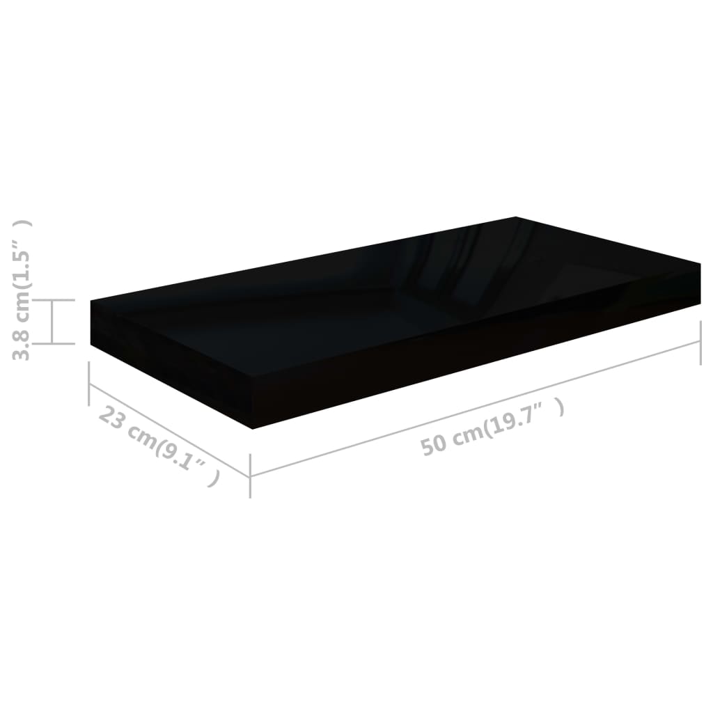vidaXL Półki ścienne, 2 szt., wysoki połysk, czarne, 50x23x3,8 cm, MDF