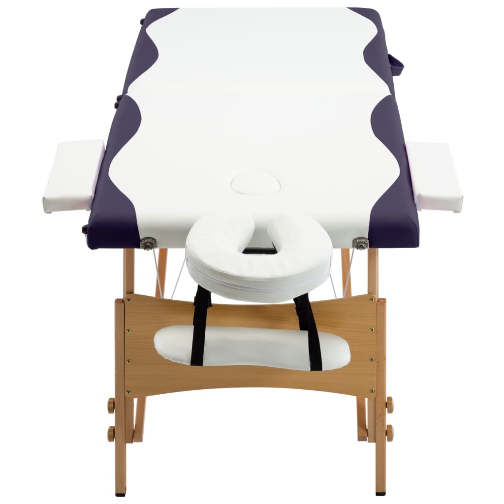 vidaXL Składany stół do masażu, 2-strefowy, drewniany, biało-fioletowy