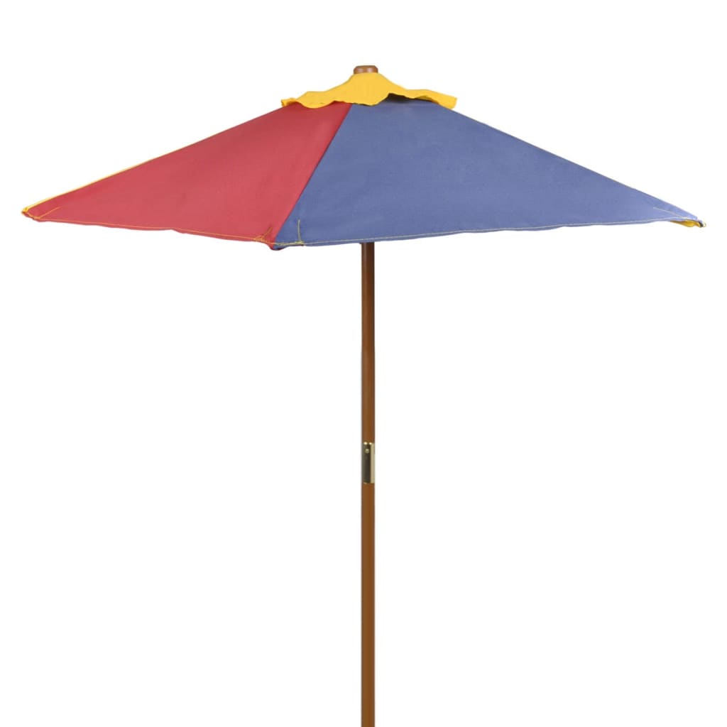 vidaXL Stół dla dzieci z ławkami i parasolem, wielokolorowy, drewniany