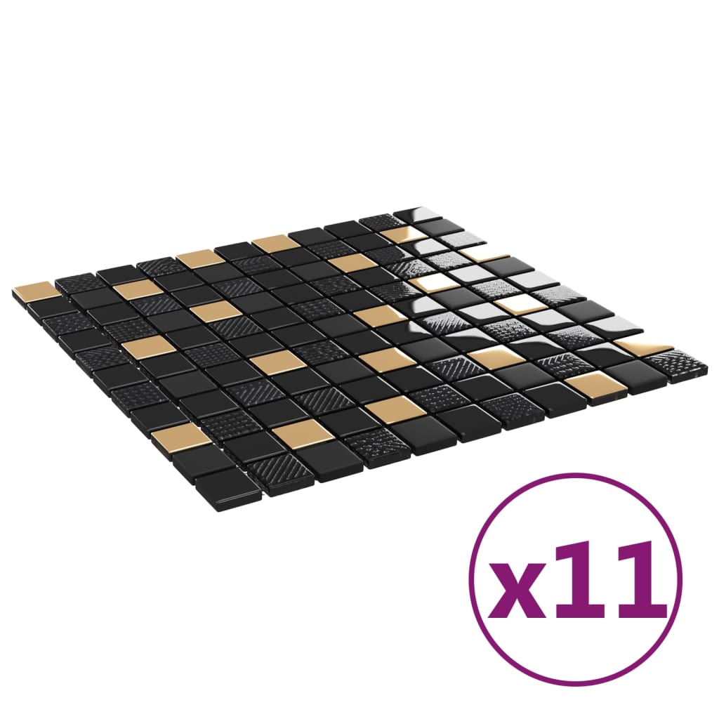 vidaXL Płytki mozaikowe, 11 szt., czarno-złote, 30x30 cm, szkło