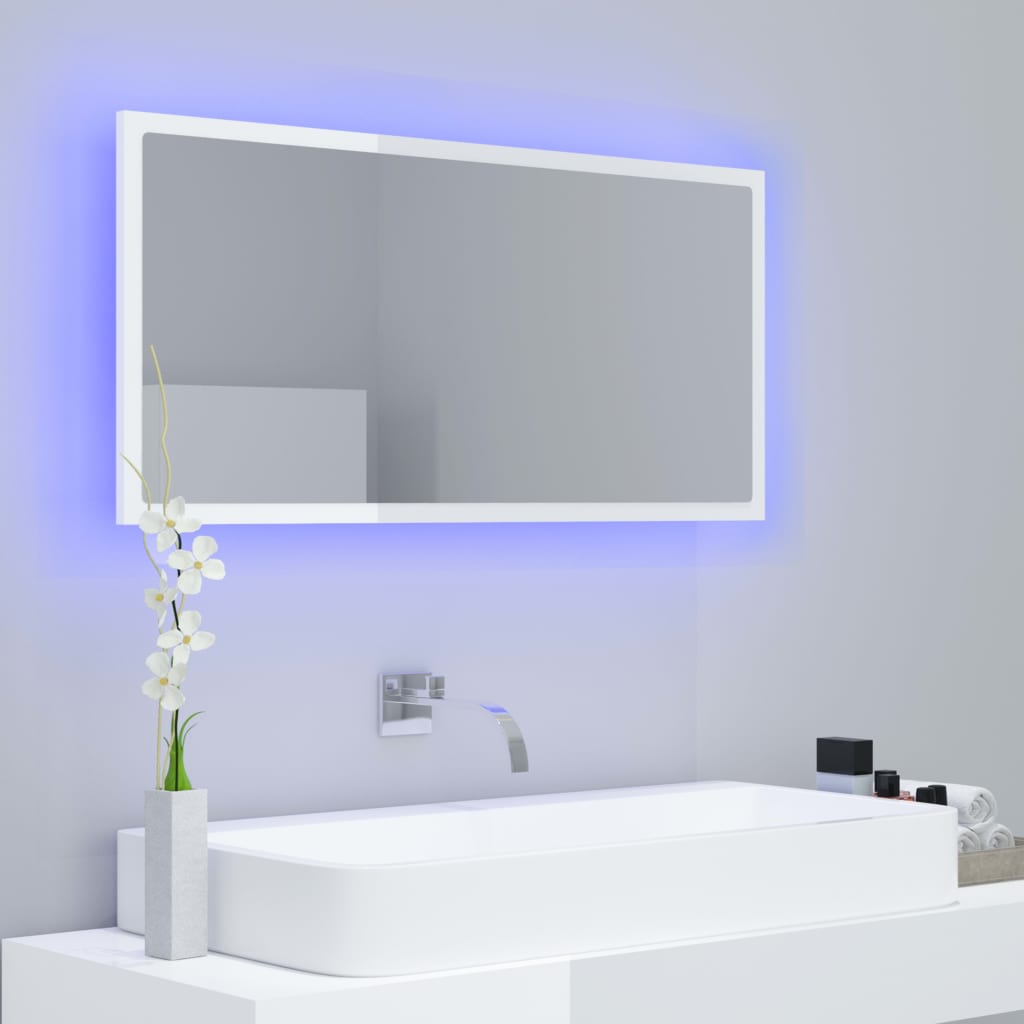 vidaXL Lustro łazienkowe LED, wysoki połysk, białe, 90x8,5x37cm, akryl