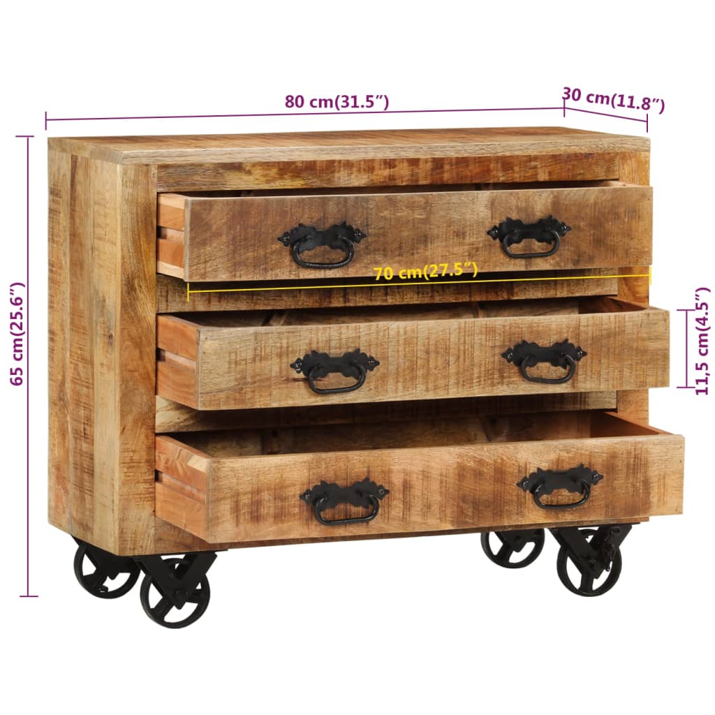 vidaXL Komoda z 3 szufladami, 80x30x65 cm, lite, surowe drewno mango