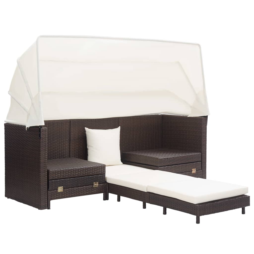 vidaXL Rozkładane łóżko ogrodowe z zadaszeniem, rattan PE, brązowe