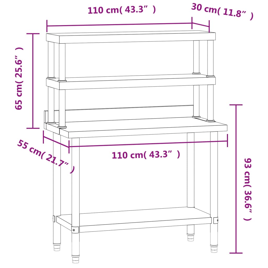 vidaXL Kuchenny stół roboczy z półką, 110x55x150 cm, stal nierdzewna