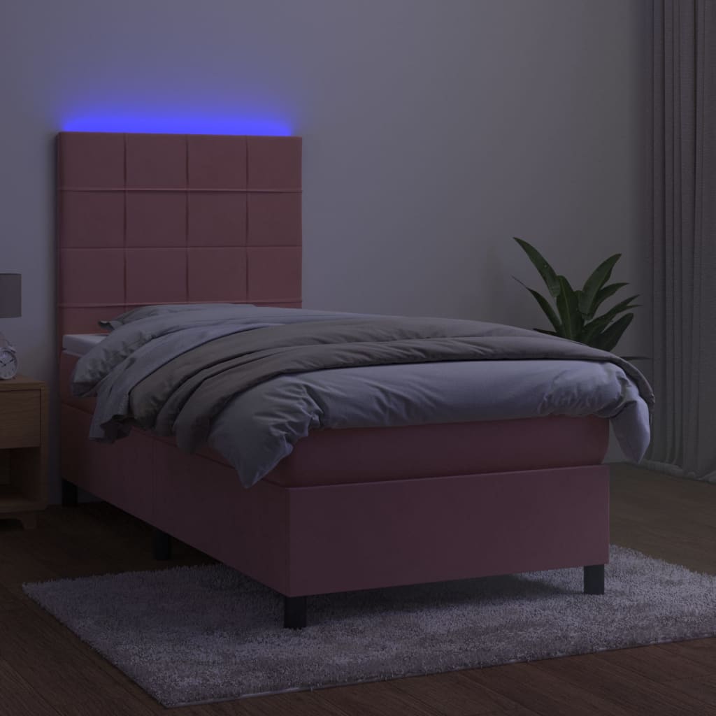vidaXL Łóżko kontynentalne z materacem i LED, różowy aksamit 90x190 cm