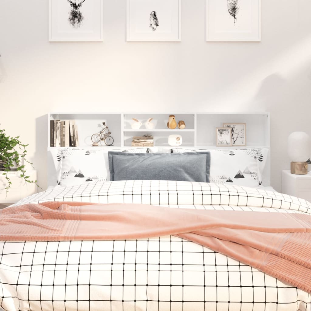 vidaXL Wezgłowie łóżka z półkami, biel z połyskiem, 180x19x103,5 cm