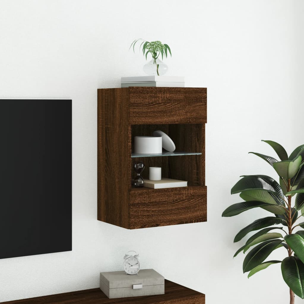 vidaXL Ścienna szafka TV z LED, brązowy dąb, 40x30x60,5 cm