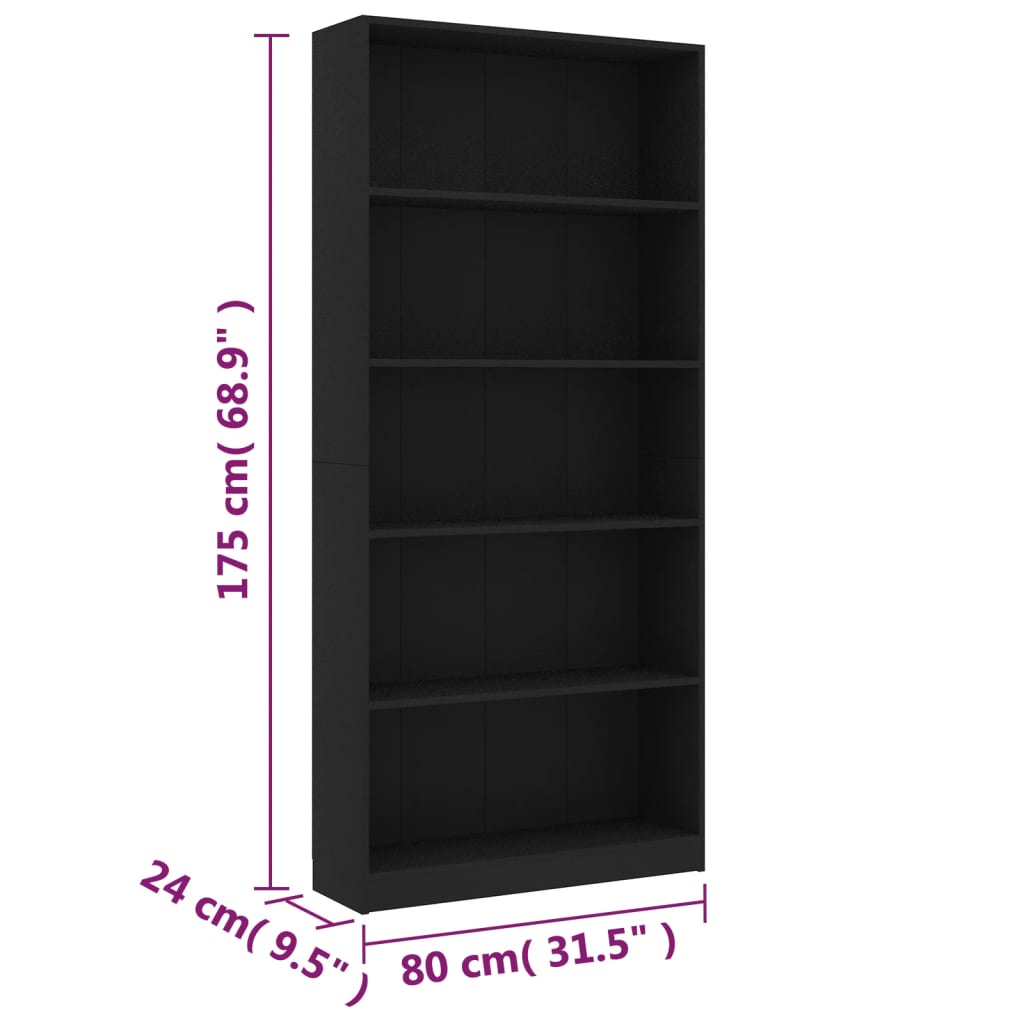 vidaXL 5-poziomowy regał na książki, czarny, 80 x 24 x 175 cm
