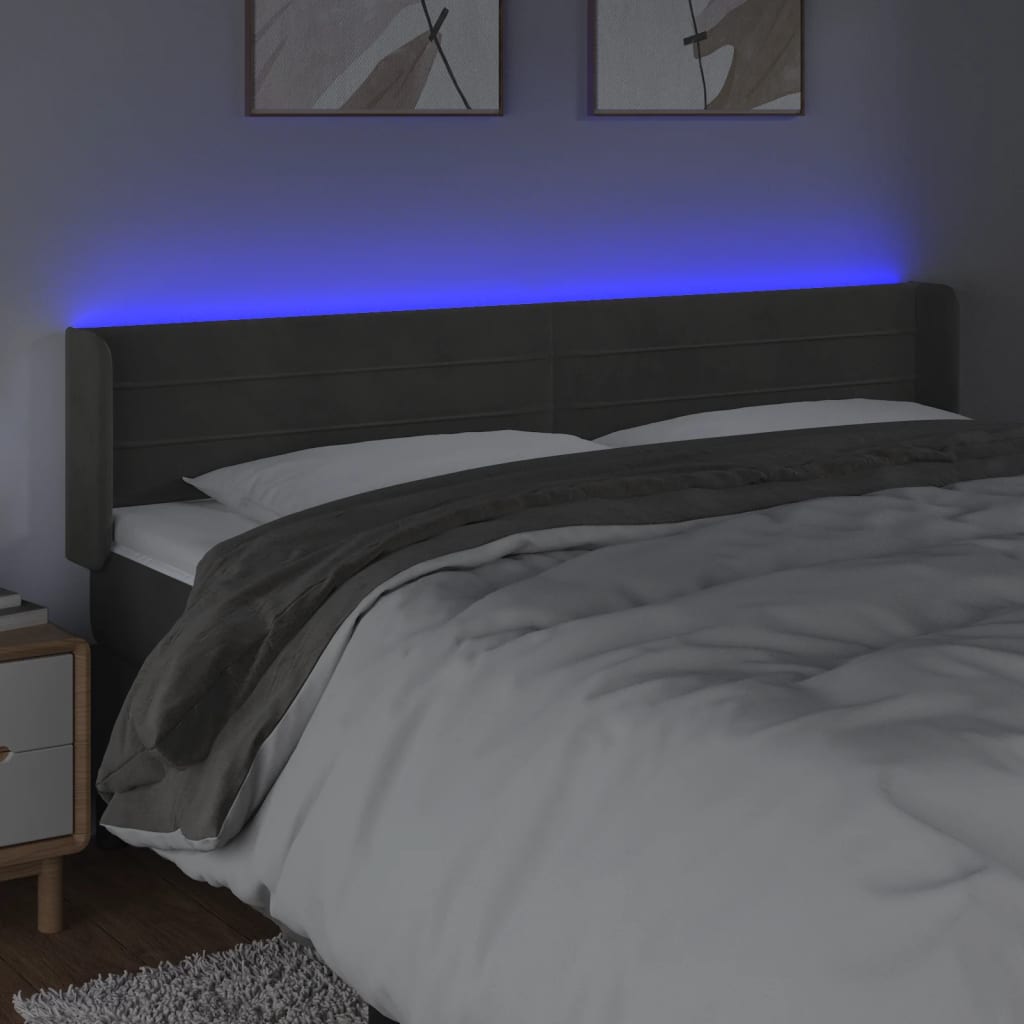 vidaXL Zagłówek do łóżka z LED, ciemnoszary, 163x16x78/88 cm, aksamit