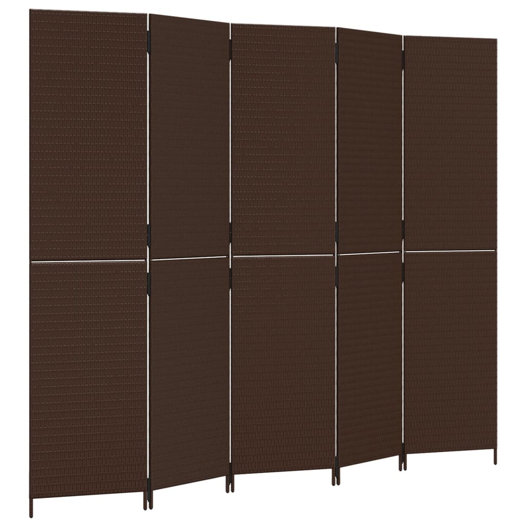 vidaXL Parawan 5-panelowy, brązowy, polirattan