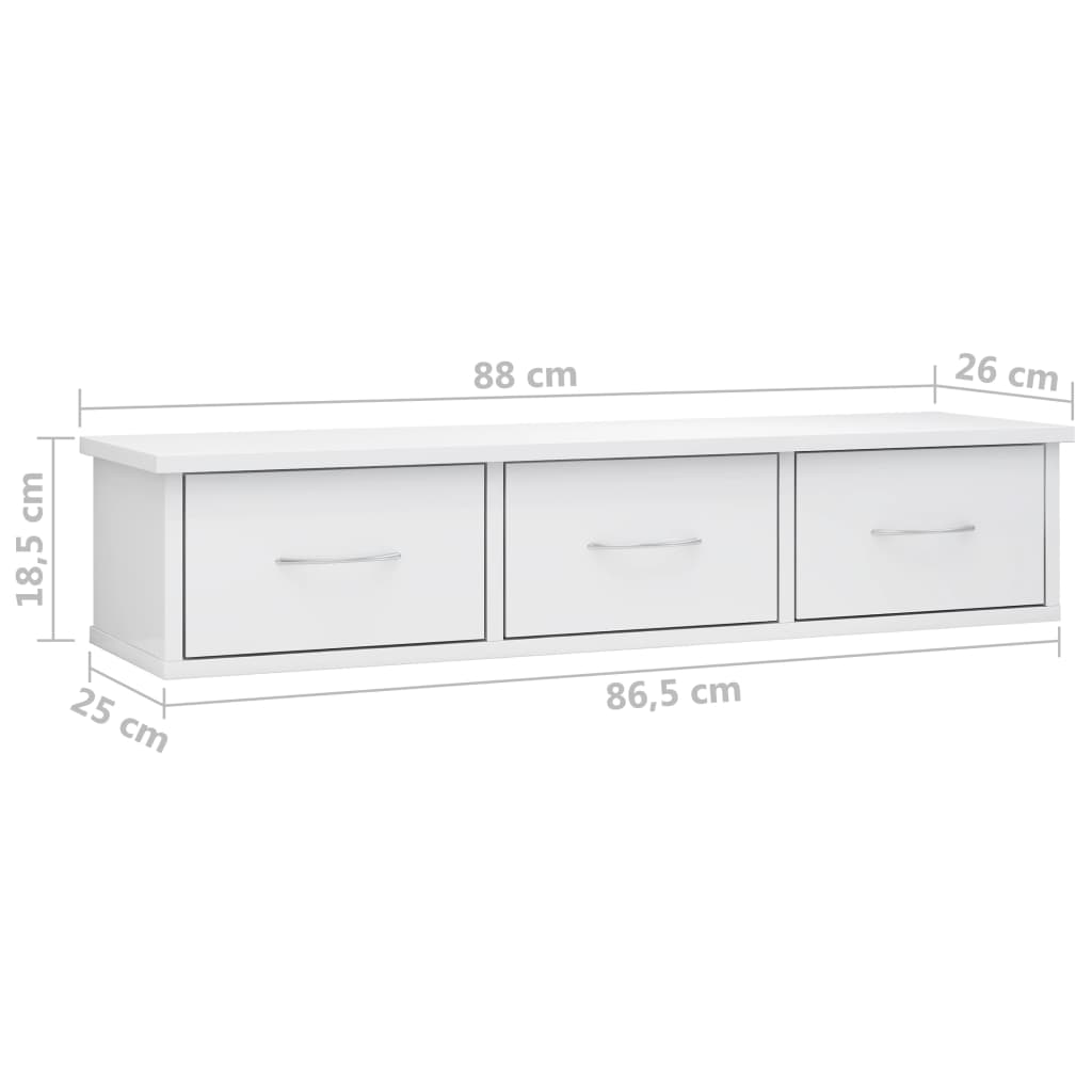 vidaXL Półka ścienna z szufladami, wysoki połysk, biała, 88x26x18,5 cm