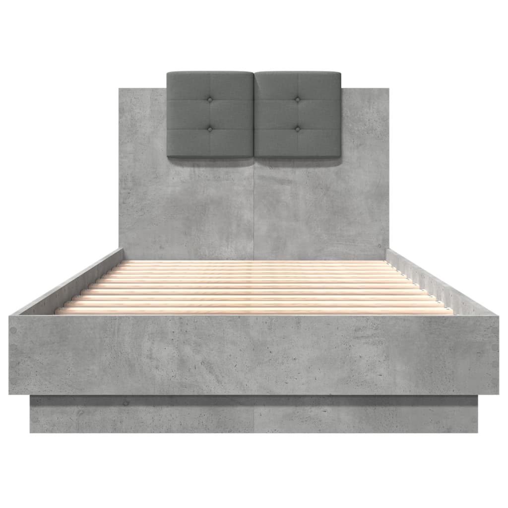 vidaXL Rama łóżka z wezgłowiem i LED, szarość betonu, 75x190 cm