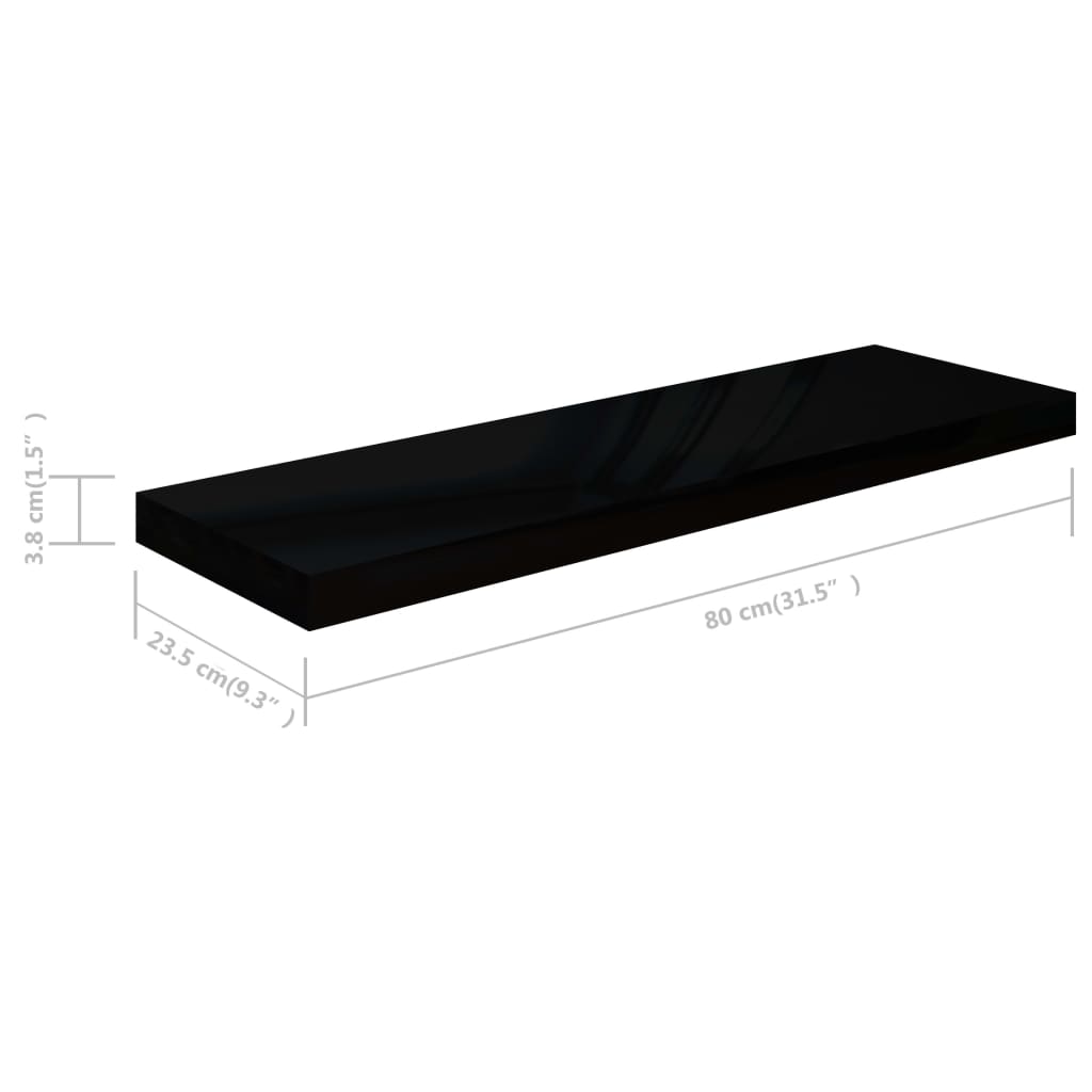 vidaXL Półki ścienne, 2 szt., wysoki połysk, czarne, 80x23,5x3,8 cm