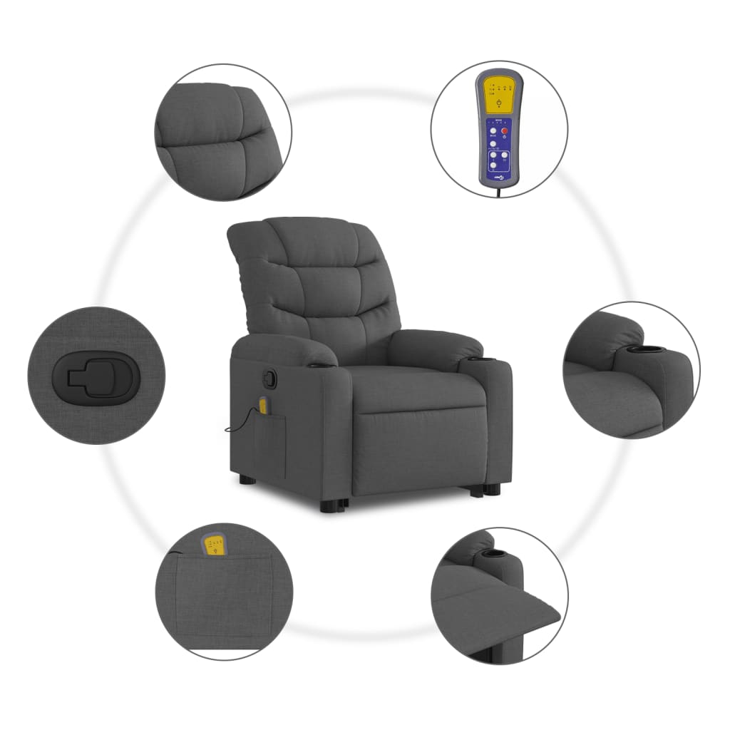vidaXL Podnoszony fotel masujący, rozkładany, ciemnoszary, tkanina