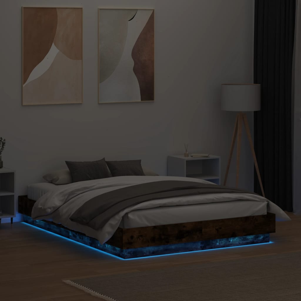 vidaXL Rama łóżka z oświetleniem LED, przydymiony dąb, 120x190 cm