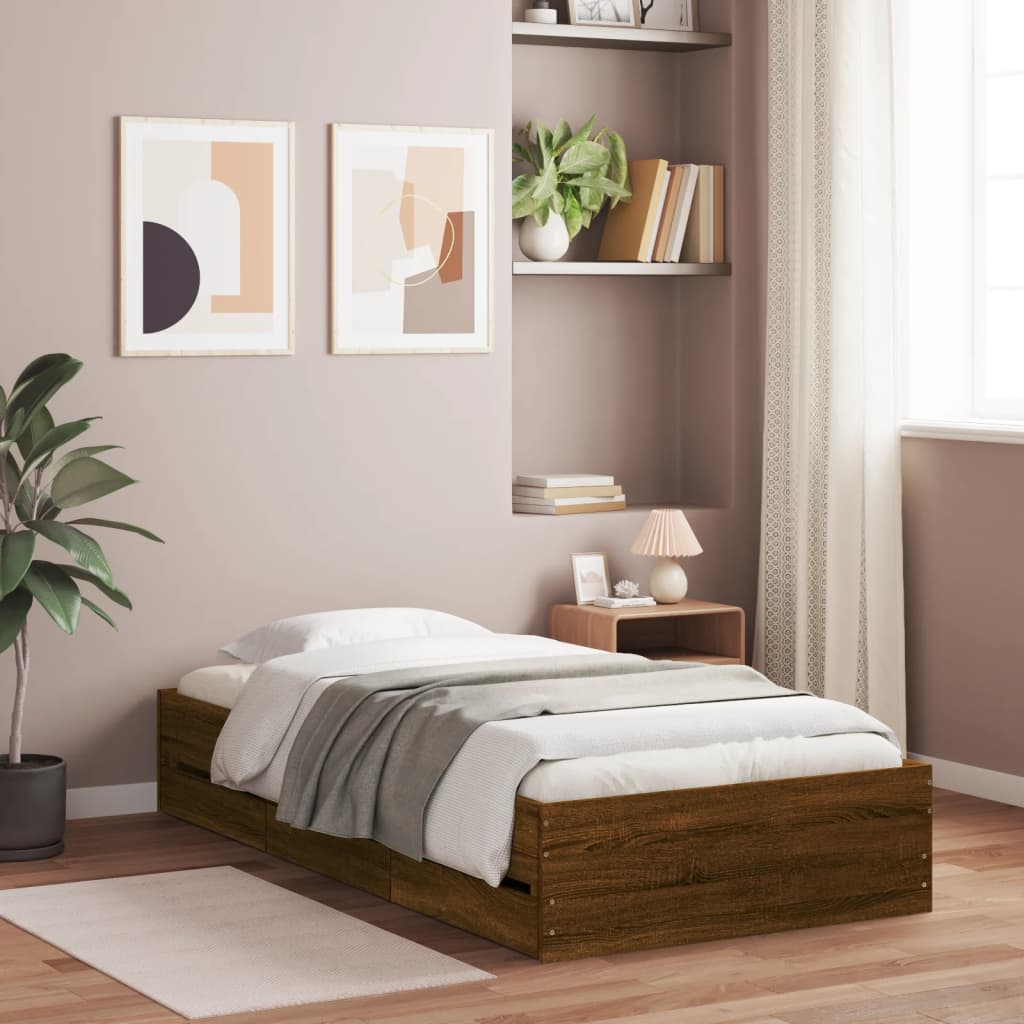 vidaXL Rama łóżka z szufladami, brązowy dąb, 75x190 cm