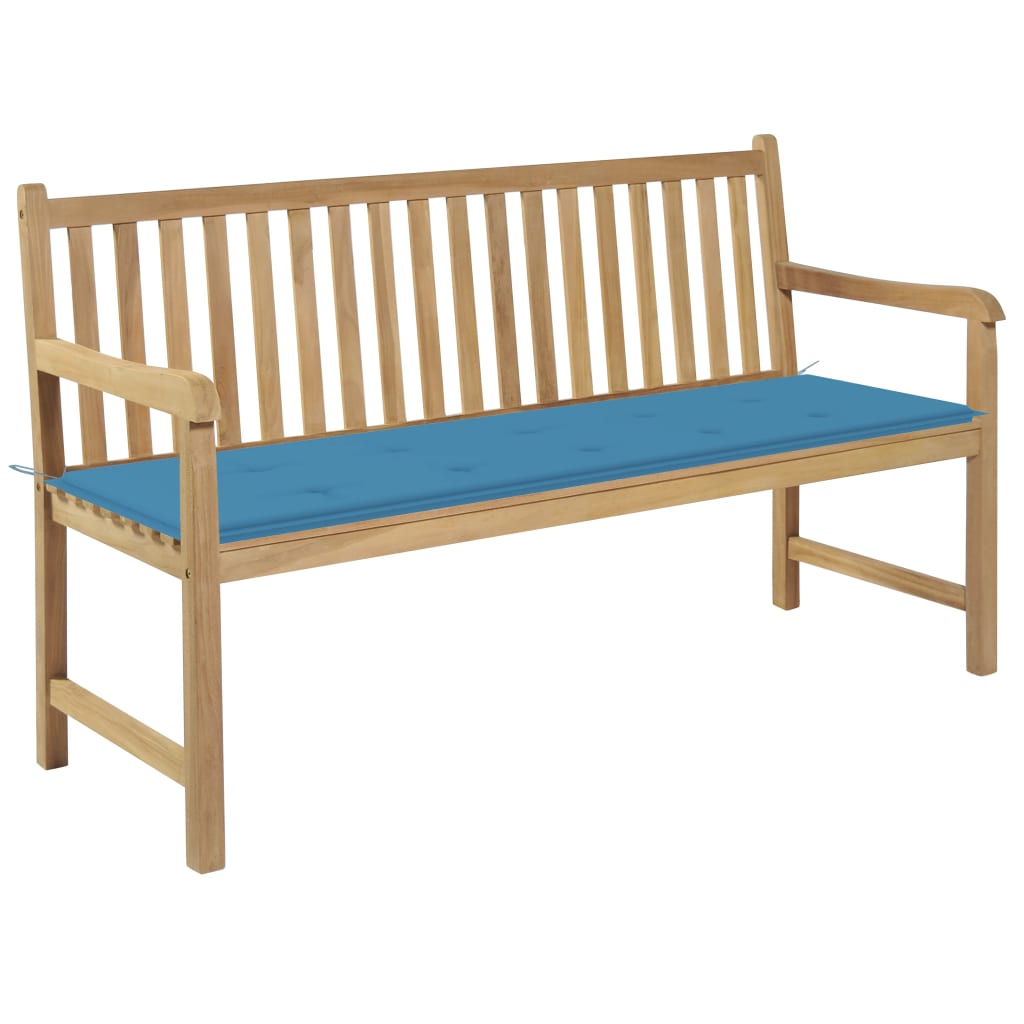 vidaXL Ławka ogrodowa z niebieską poduszką, 150 cm, drewno tekowe