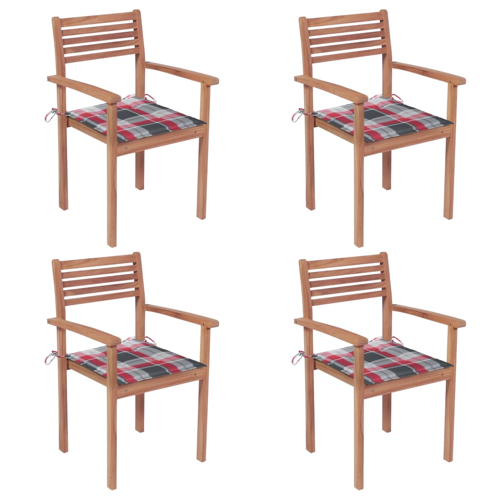 vidaXL Krzesła ogrodowe, 4 szt., z poduszkami w czerwoną kratę, tekowe